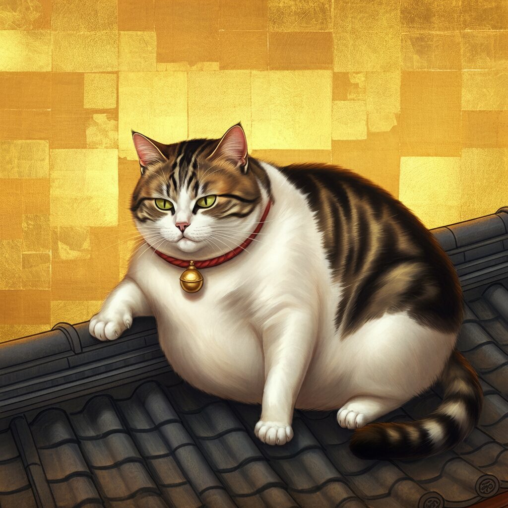 日本画風の猫の絵。食べ過ぎで動けなくなる猫。