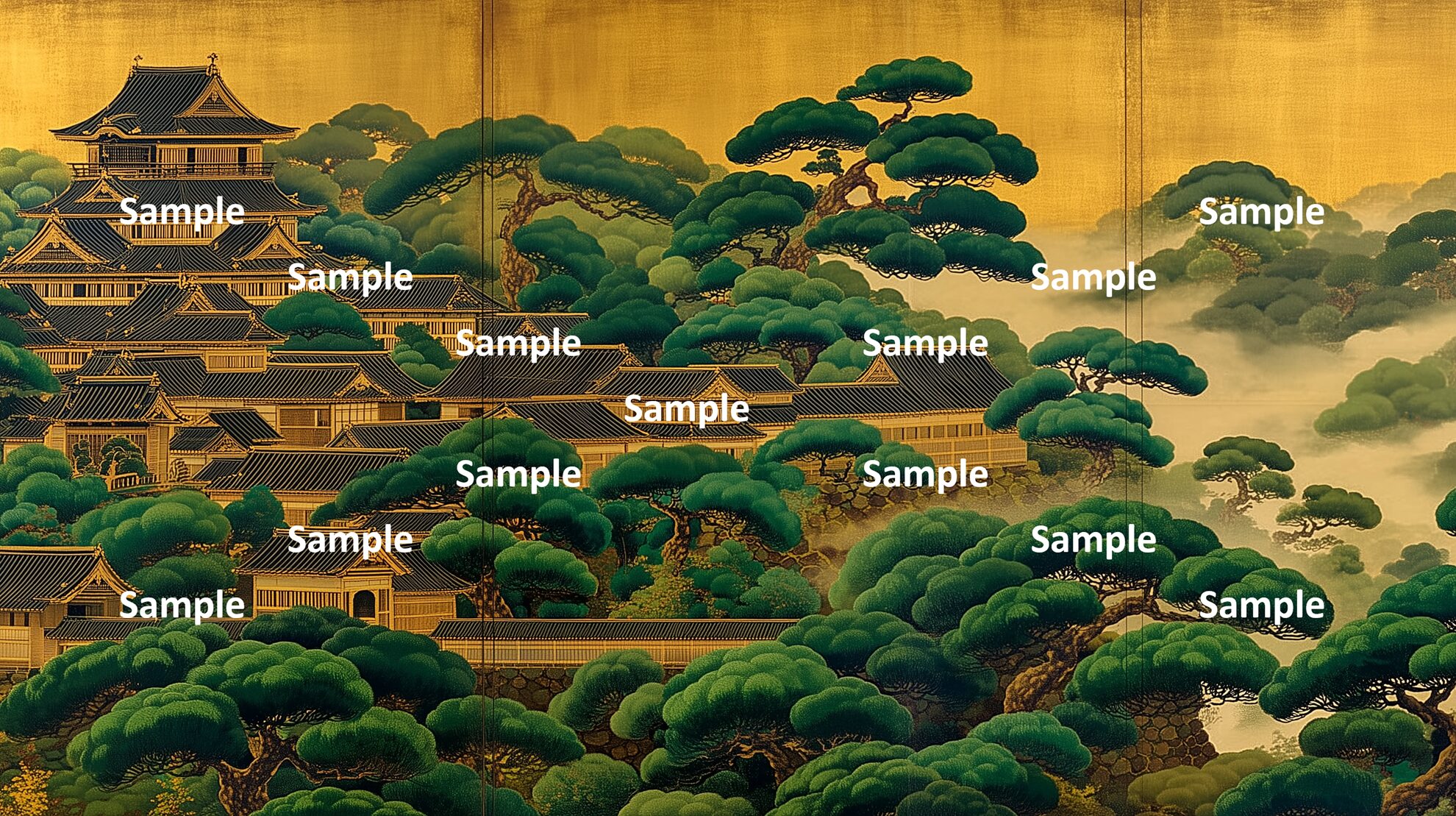 日本画。日本の城。山の中の館。金の輪郭線で描かれている。