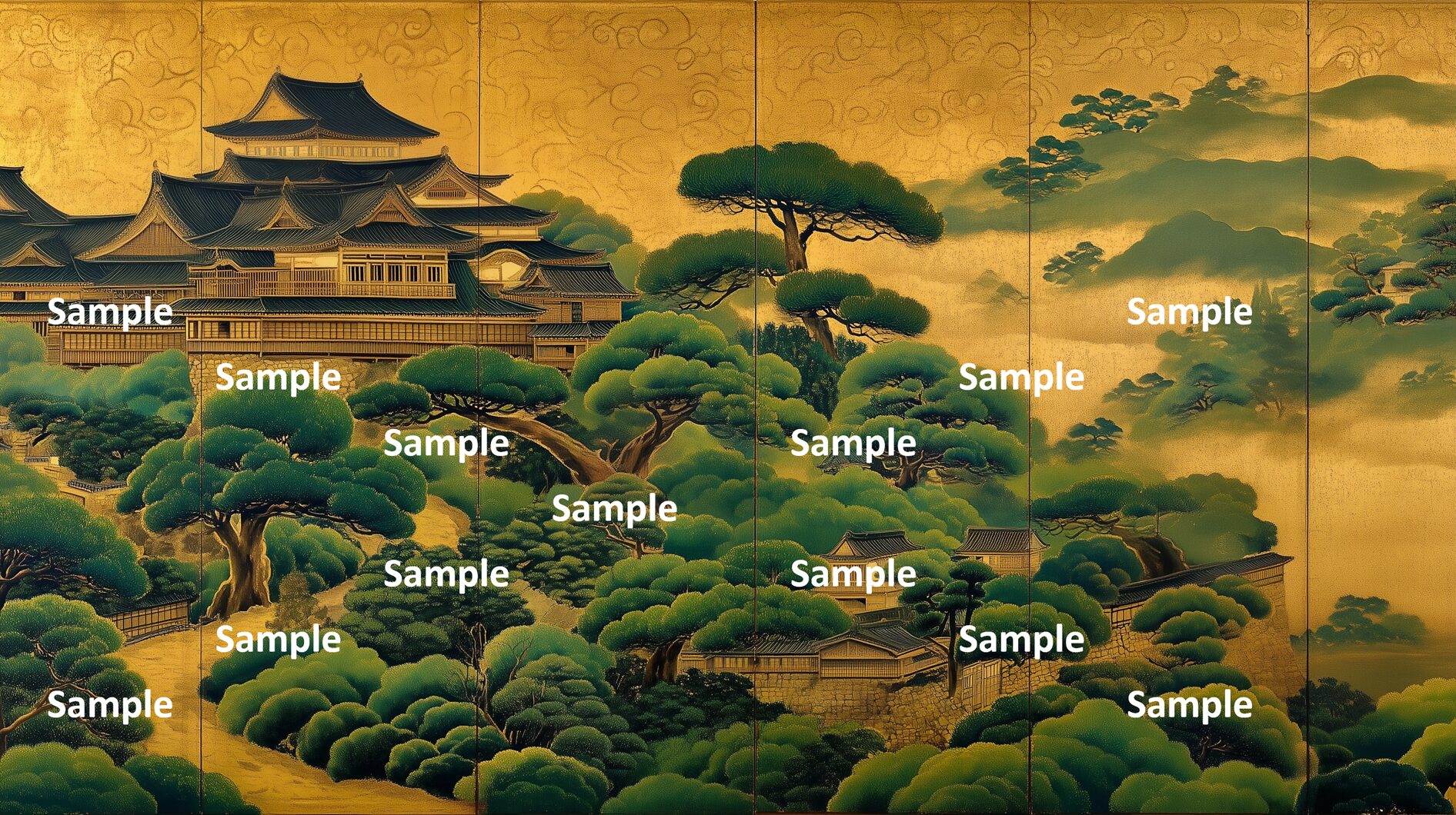 日本画。日本の城。山の中の館。館風の城の描写。