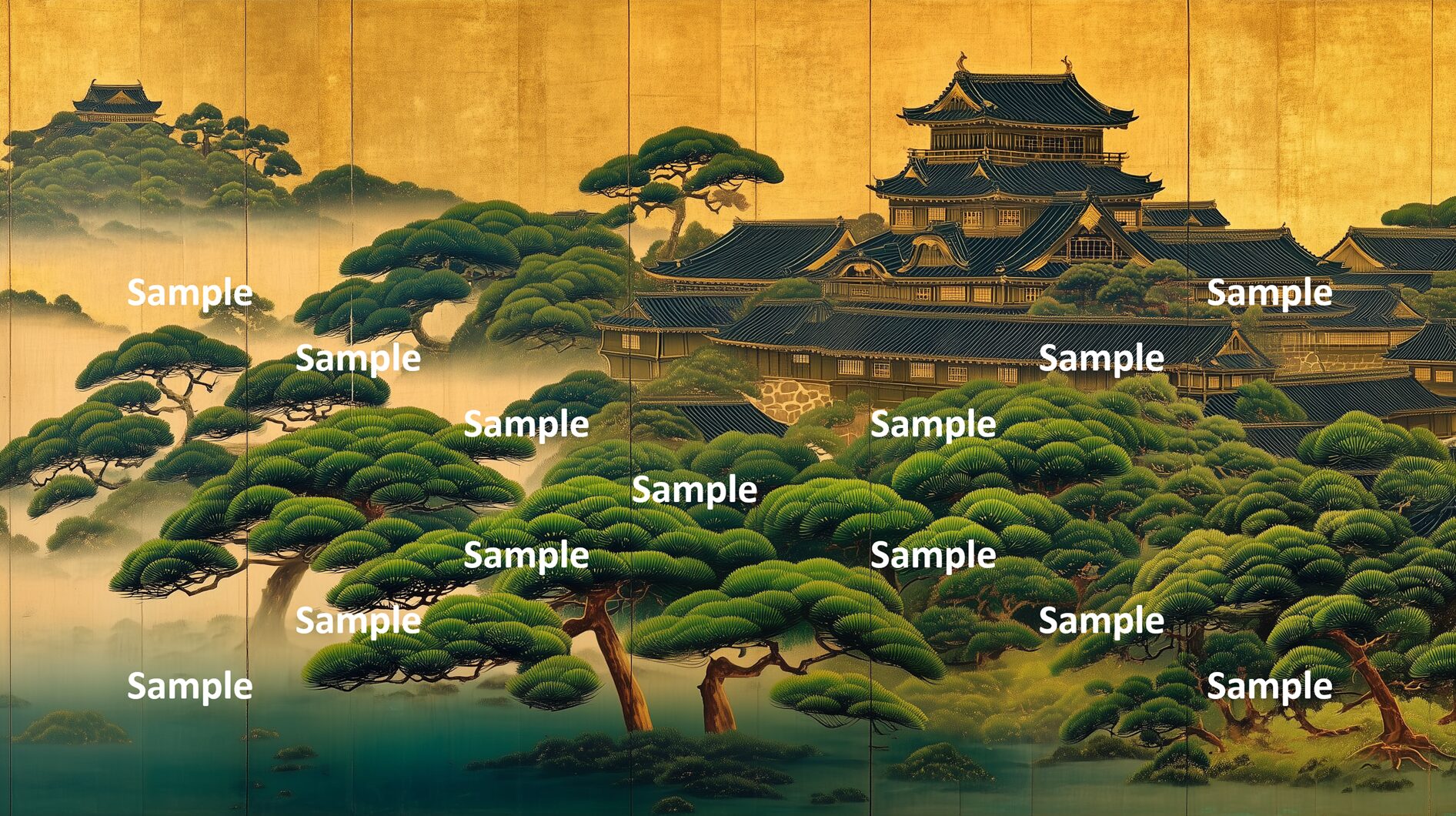 日本画。日本の城。山の中の館。前景には池。