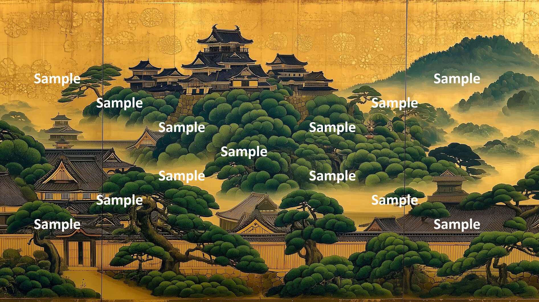 日本画。日本の城。山の中の館。構図が面白い絵。