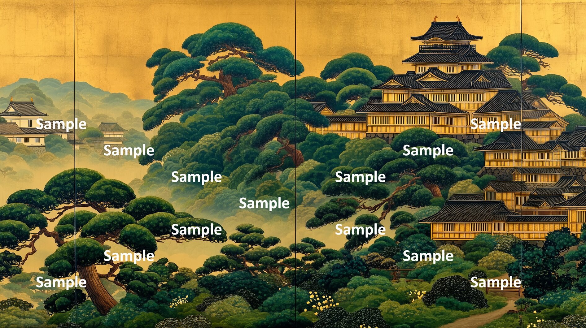 日本画。日本の城。山の中の館。整然とした城。