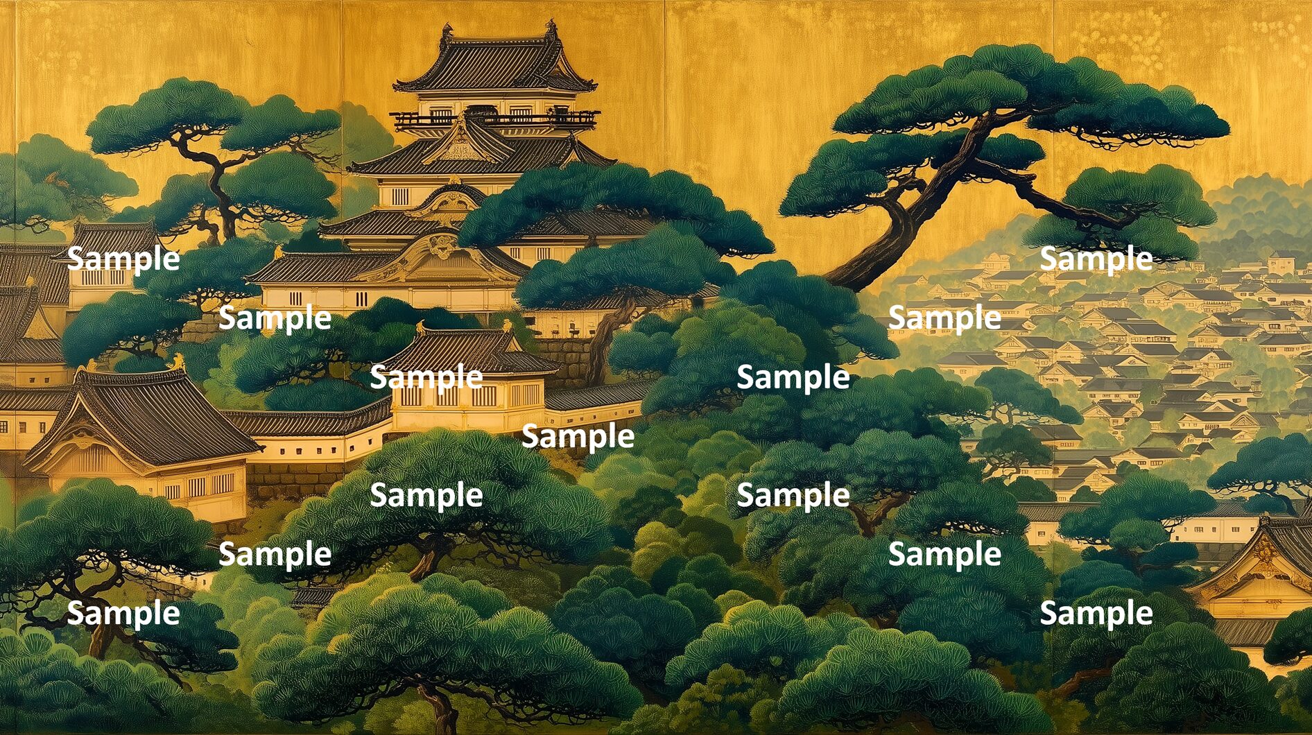 日本画。日本の城。山の中の城。背景には城下町が広がる。