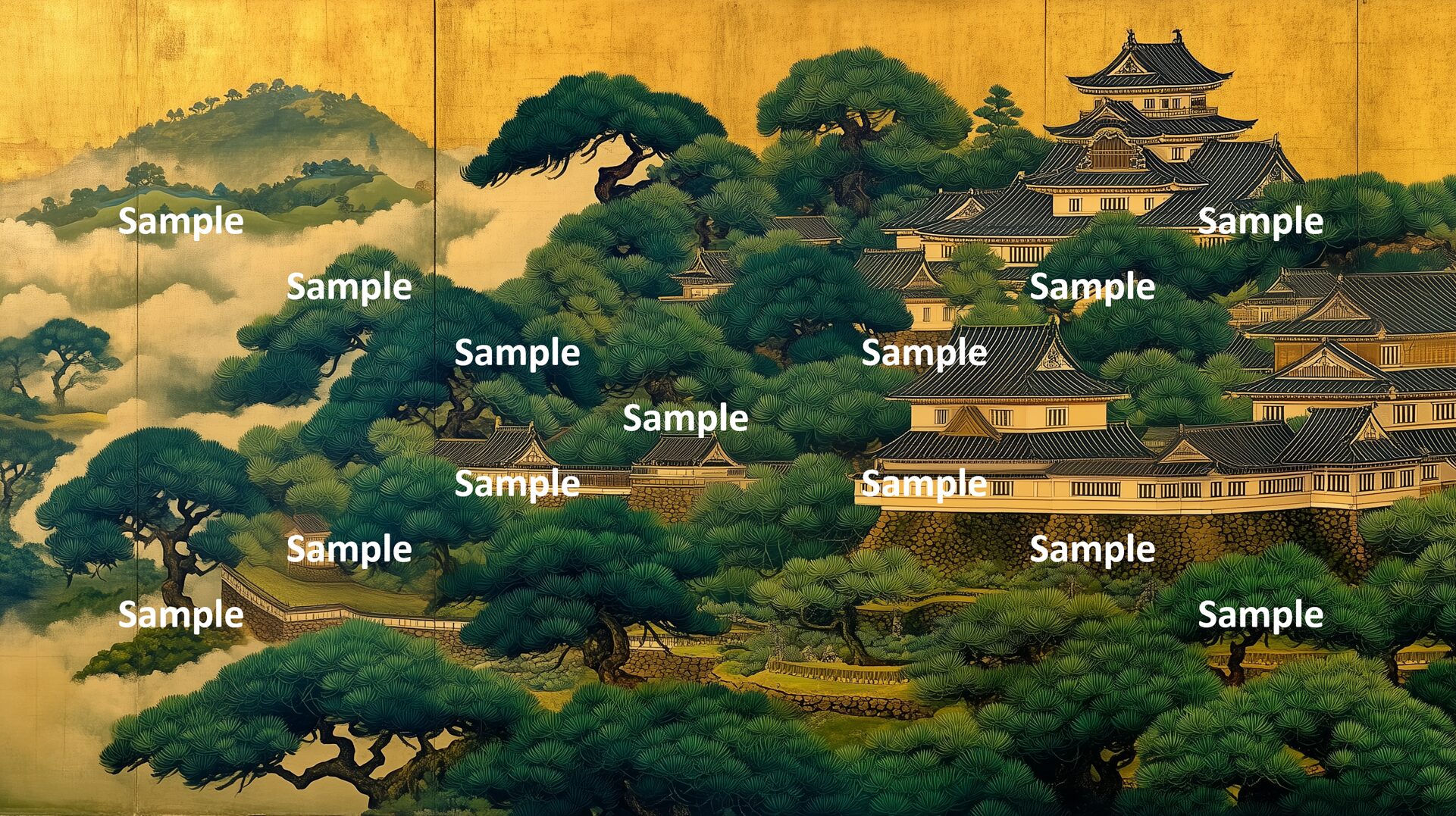 日本画。日本の城。山の中の館。お濠。
