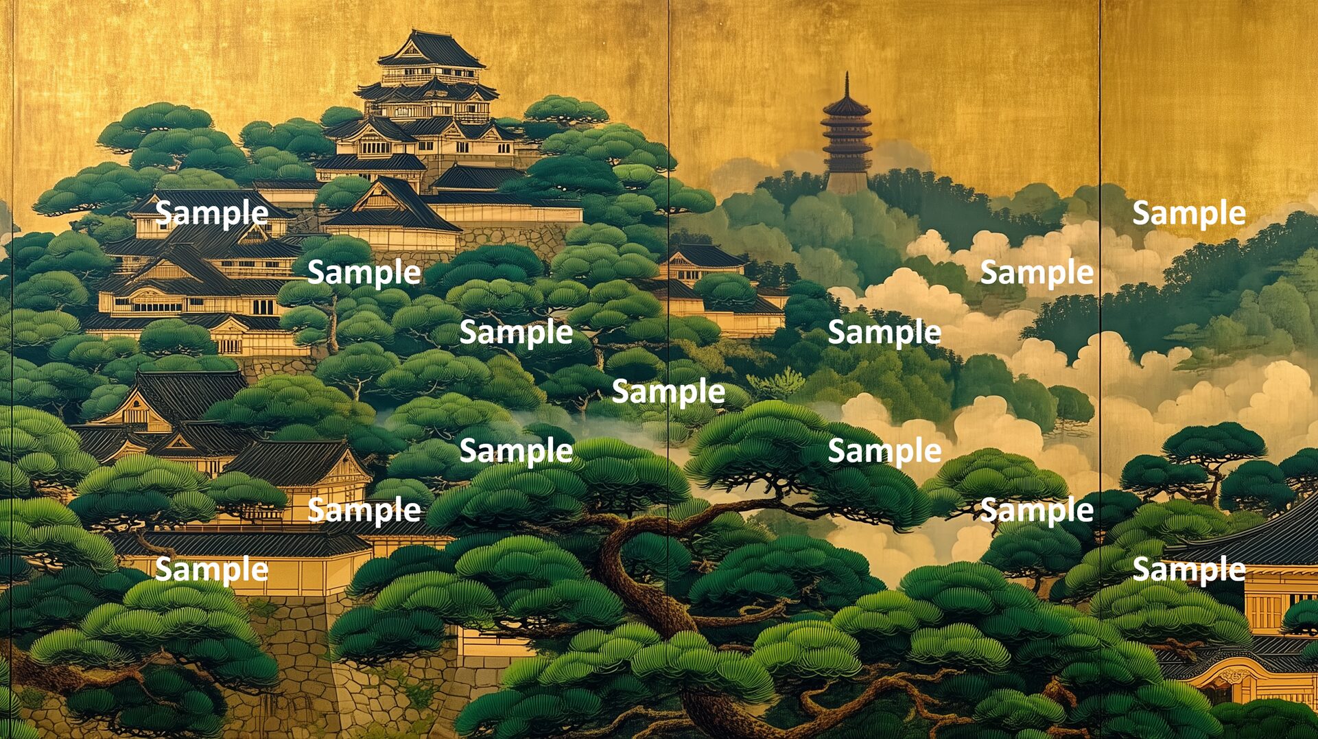 日本画。日本の城。山の中の館。背景には五重塔。