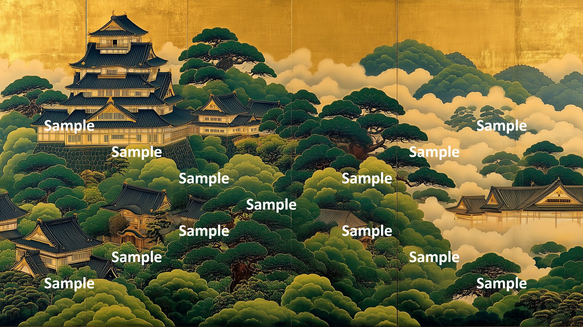 日本画。日本の城。山の中の館。伝統的日本画の画風による自然の美的表現。