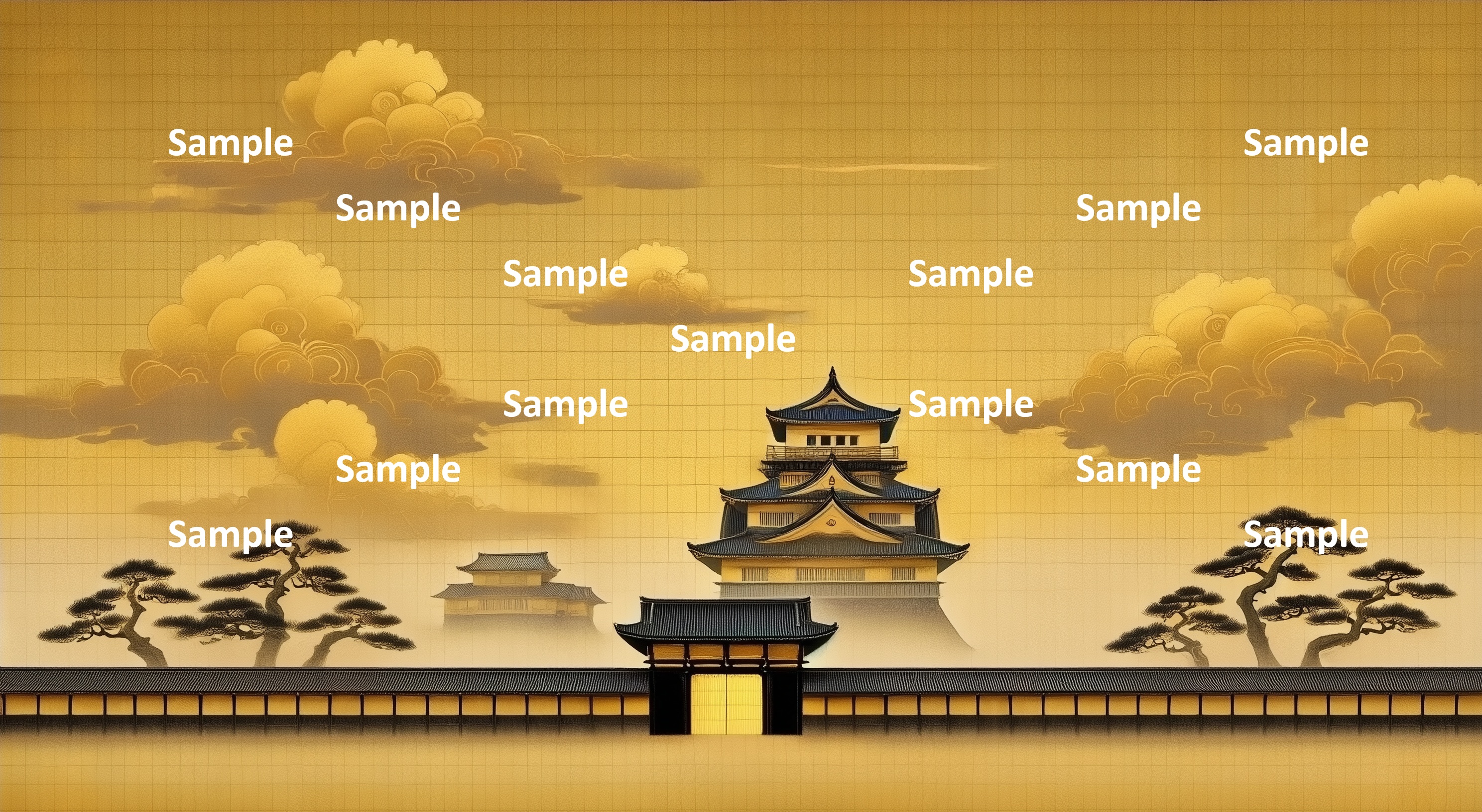 日本画風の日本の城、広い空間、松、大門、天守閣、雲、