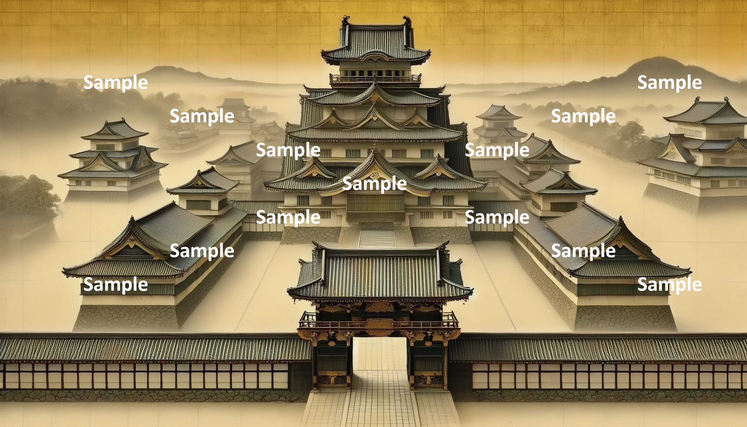 日本画風の日本の城、対称的な構図、大門、対称的な配置の建物群、