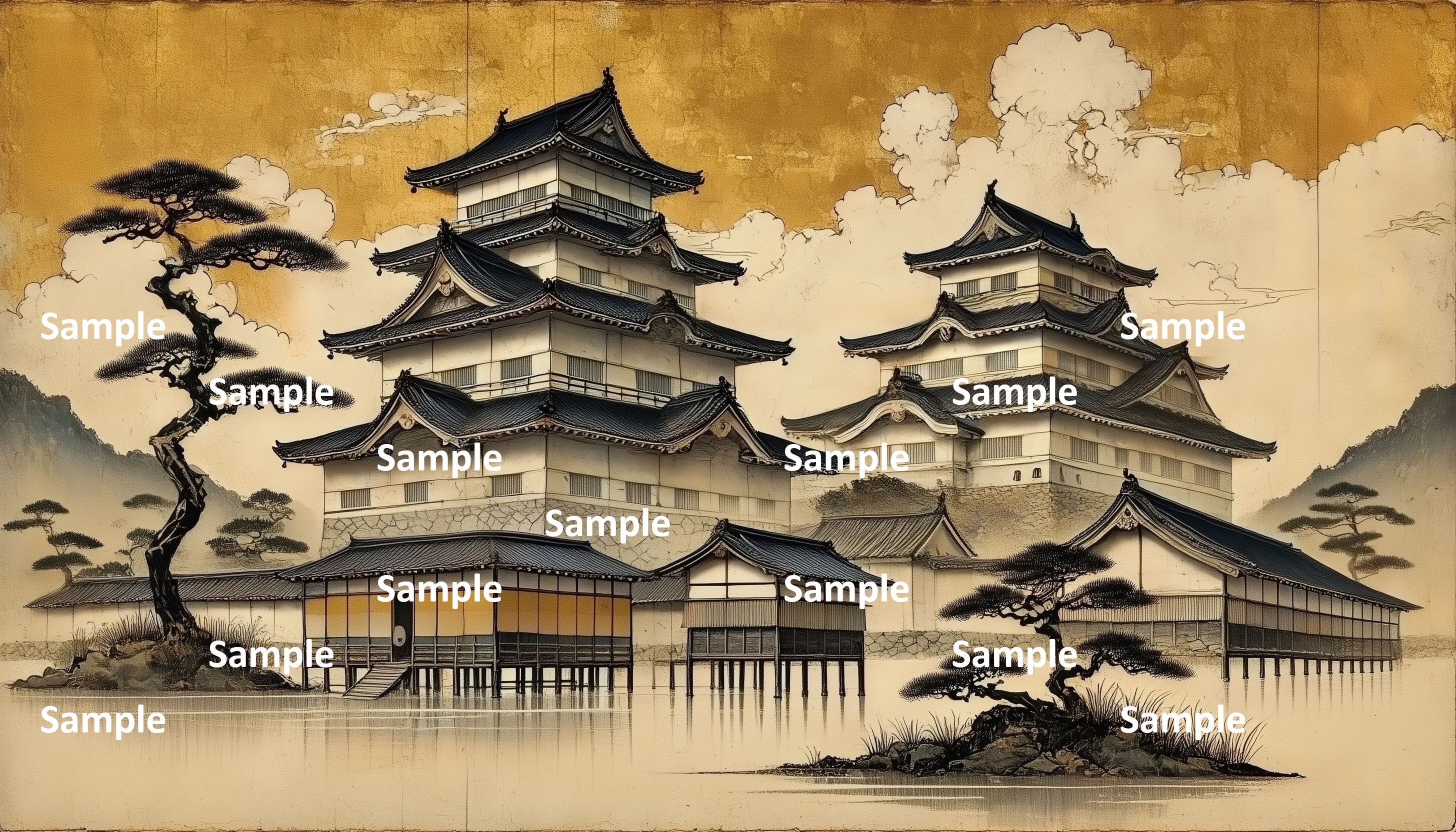 日本画風の日本の城、水辺付近の城、入道雲、夏、