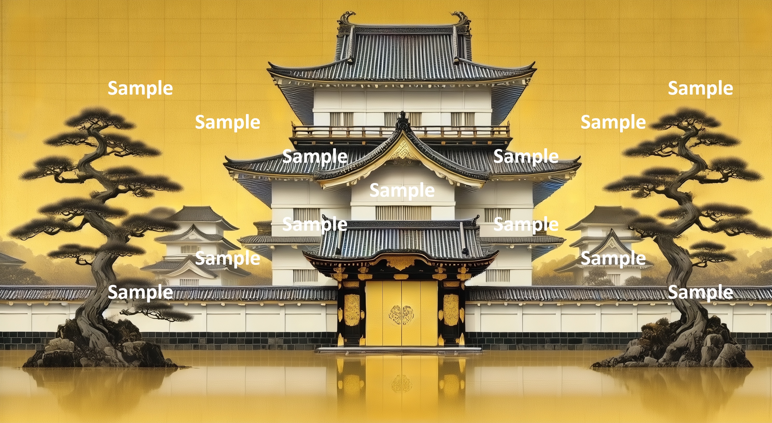 日本画風の日本の城、対称的な構図、象徴的な2本の松の木、美しい大門、大門前の美しい空間、