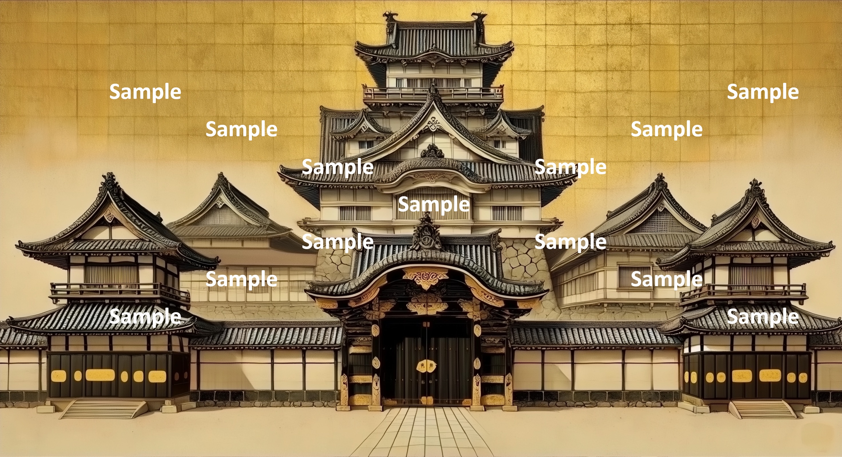 日本画風の日本の城、対称的な構図、美しい大門、金箔の背景、大門前の広い空間、