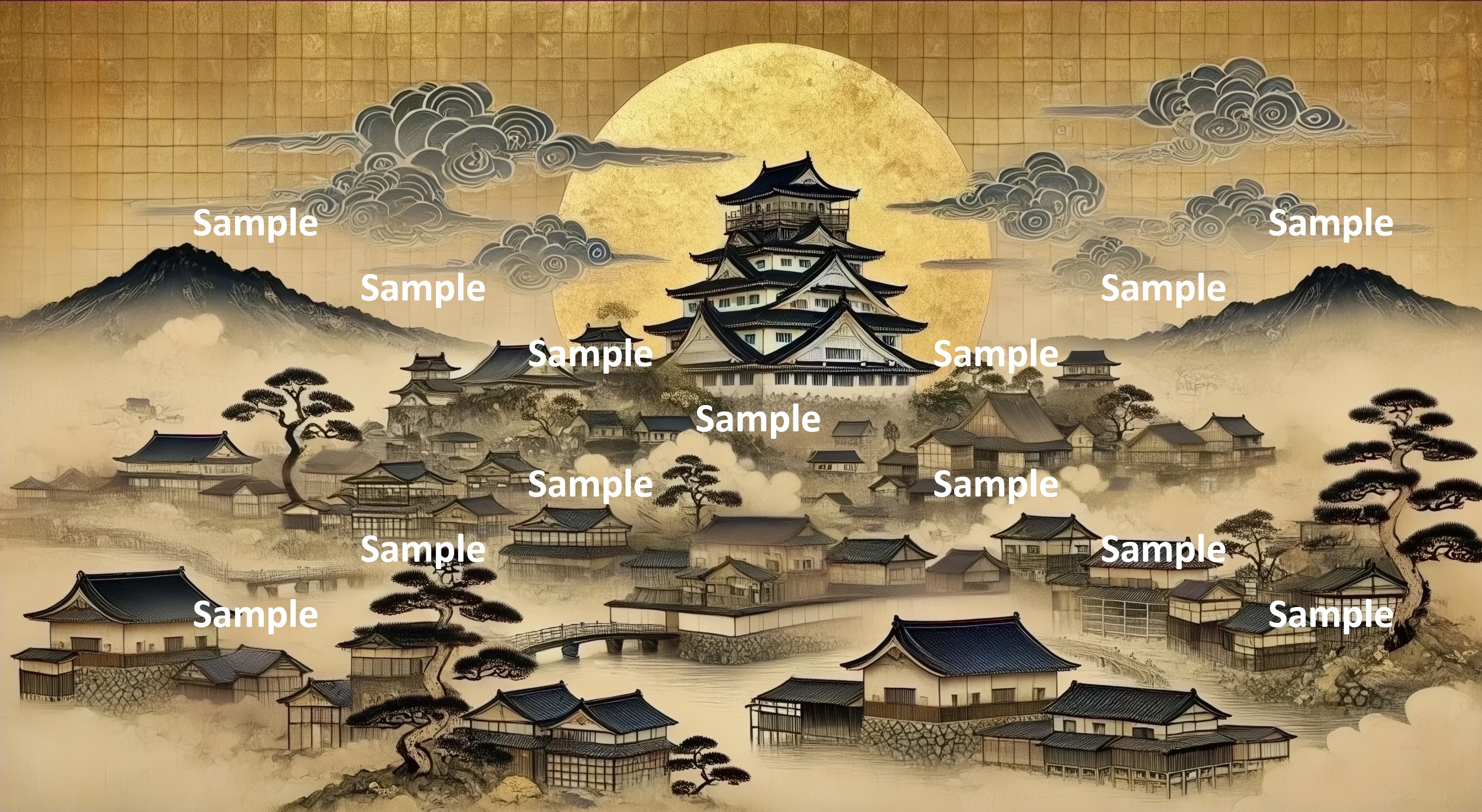 日本画風の日本の城、城下町、月夜の城、静寂感、