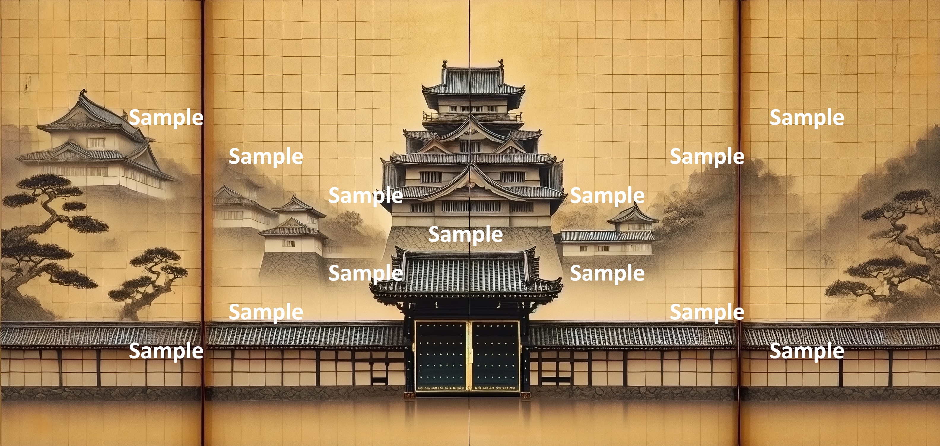 日本画風の日本の城、大門とその広場、対称的な構図、霧、
