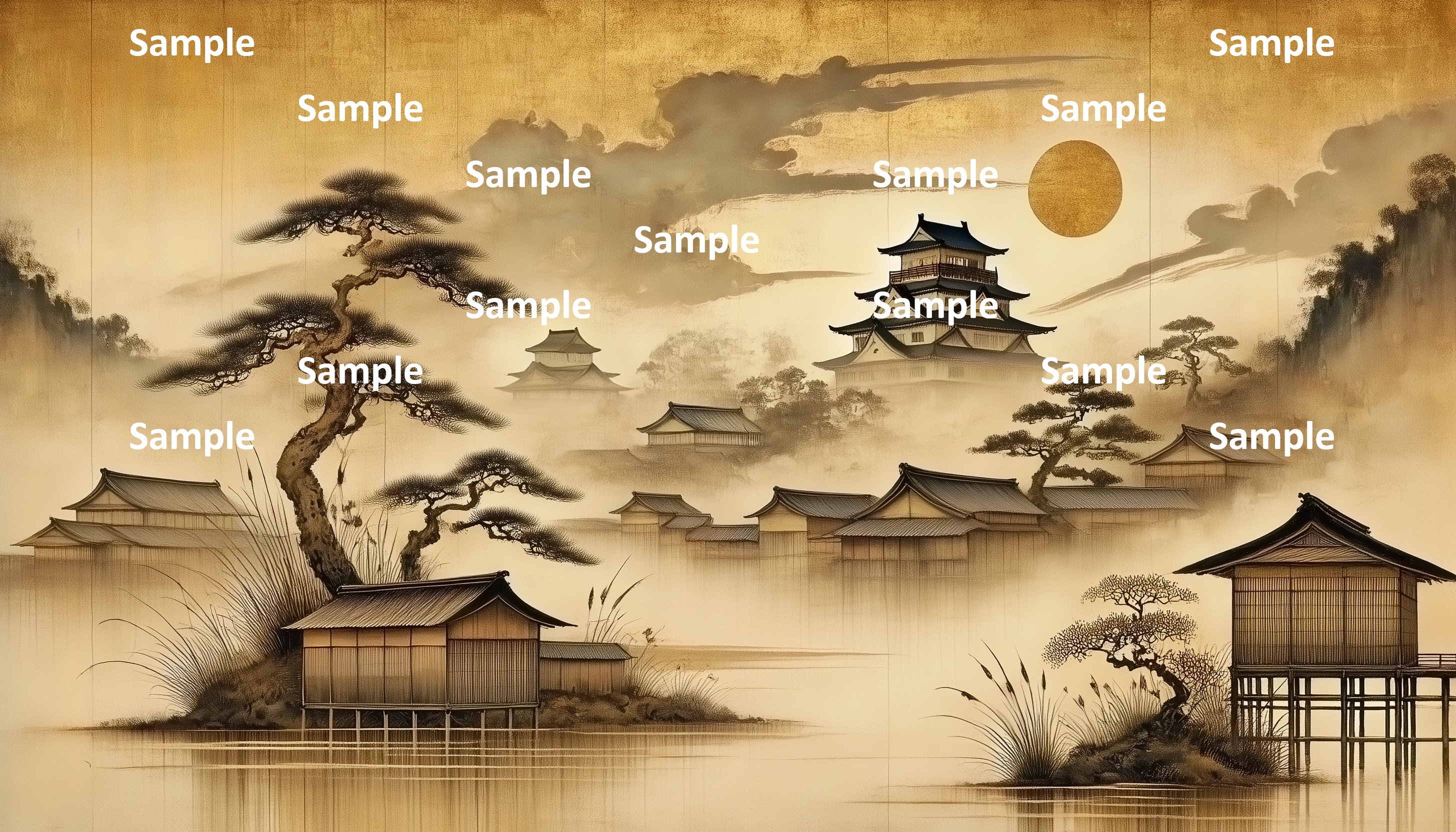 日本画風の日本の城、湖付近の城、月夜、静寂、雲、町家、山、