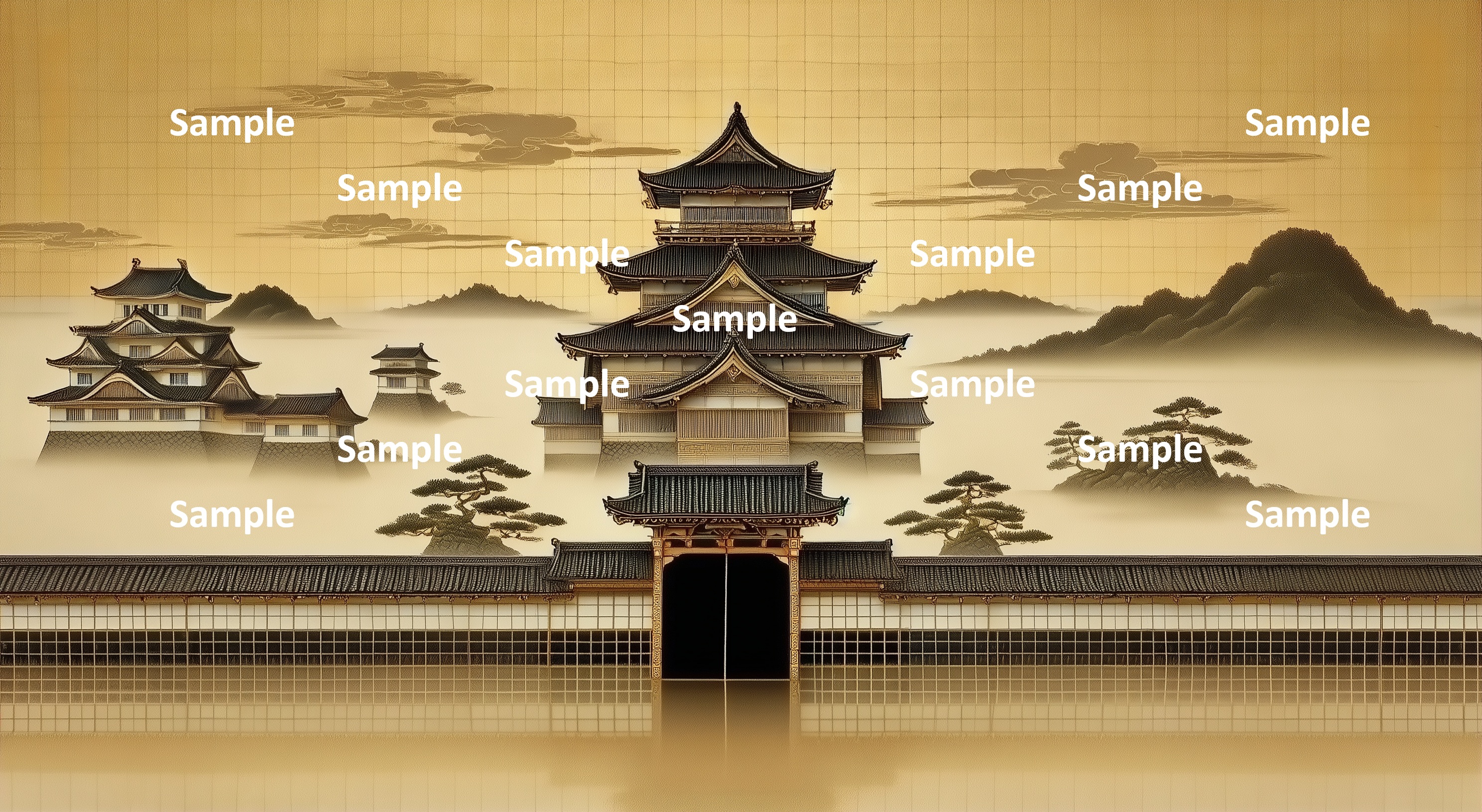 日本画風の日本の城、漆黒の大門、大門前の大広場、対称的な構図、