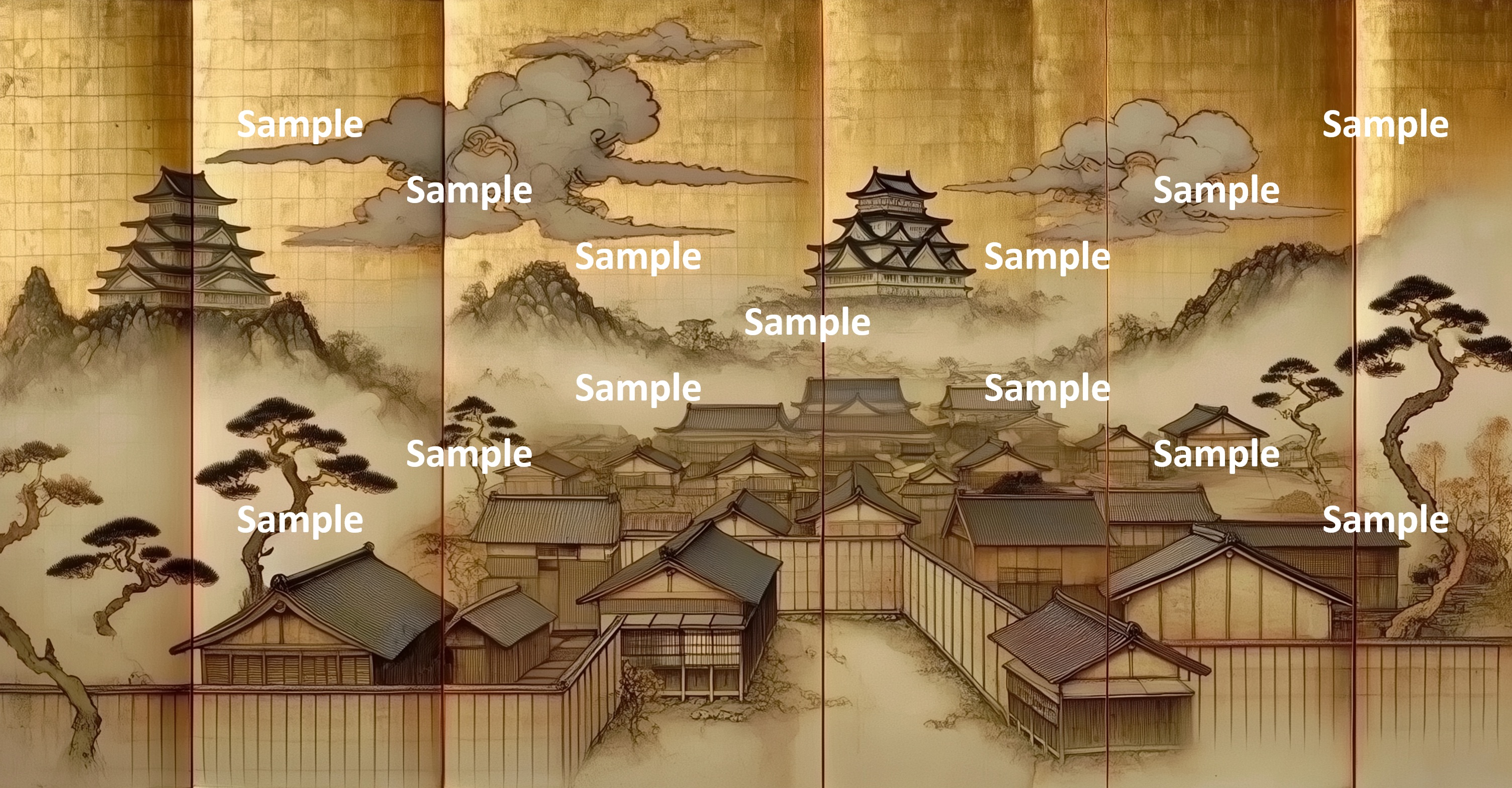 日本画風の日本の城、金箔の背景、城下町、町家、松の木、雲、屏風画、