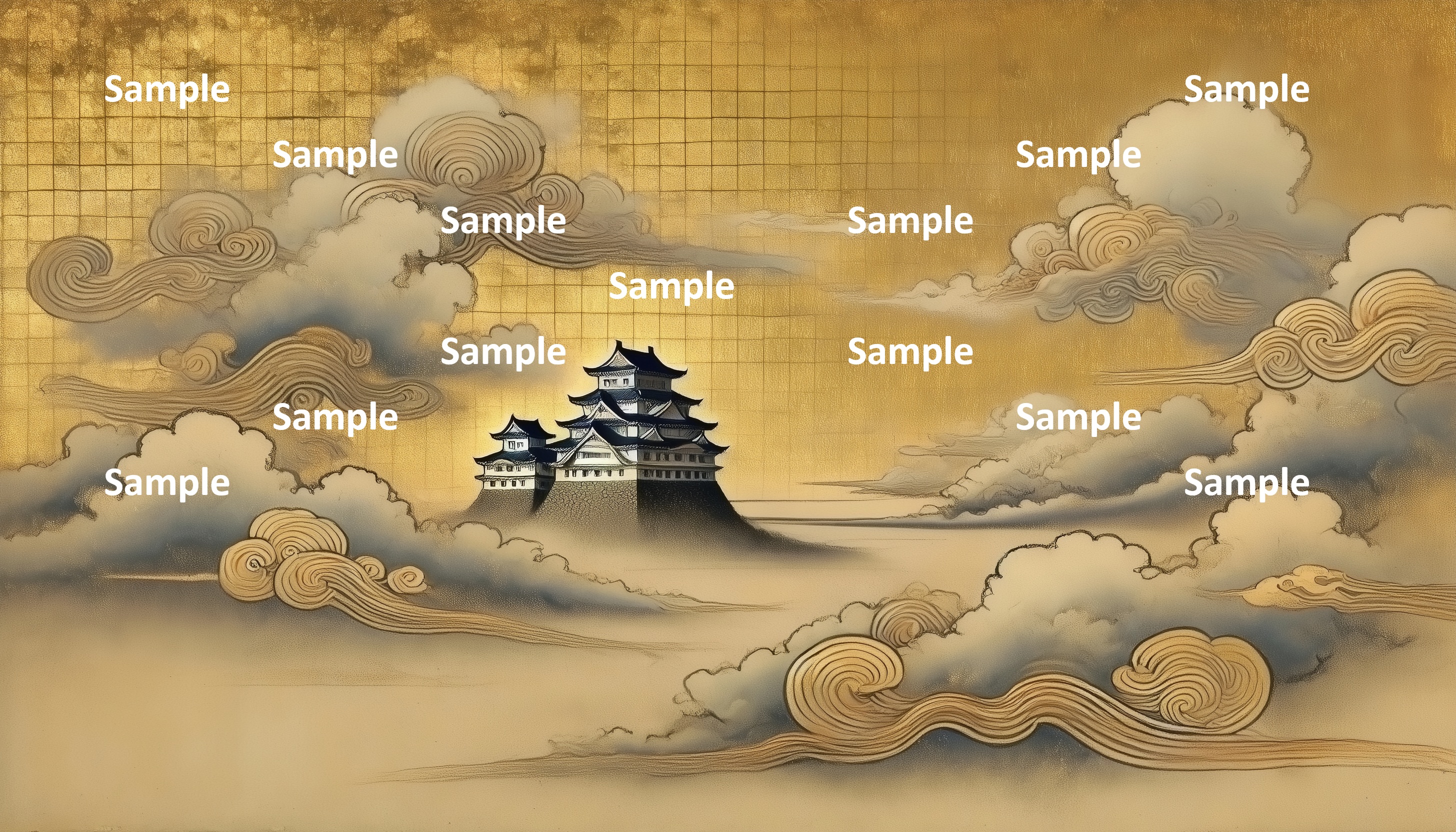 日本画風の日本の城、天空の日本の城、雲、金箔の背景、日本画的な余白、