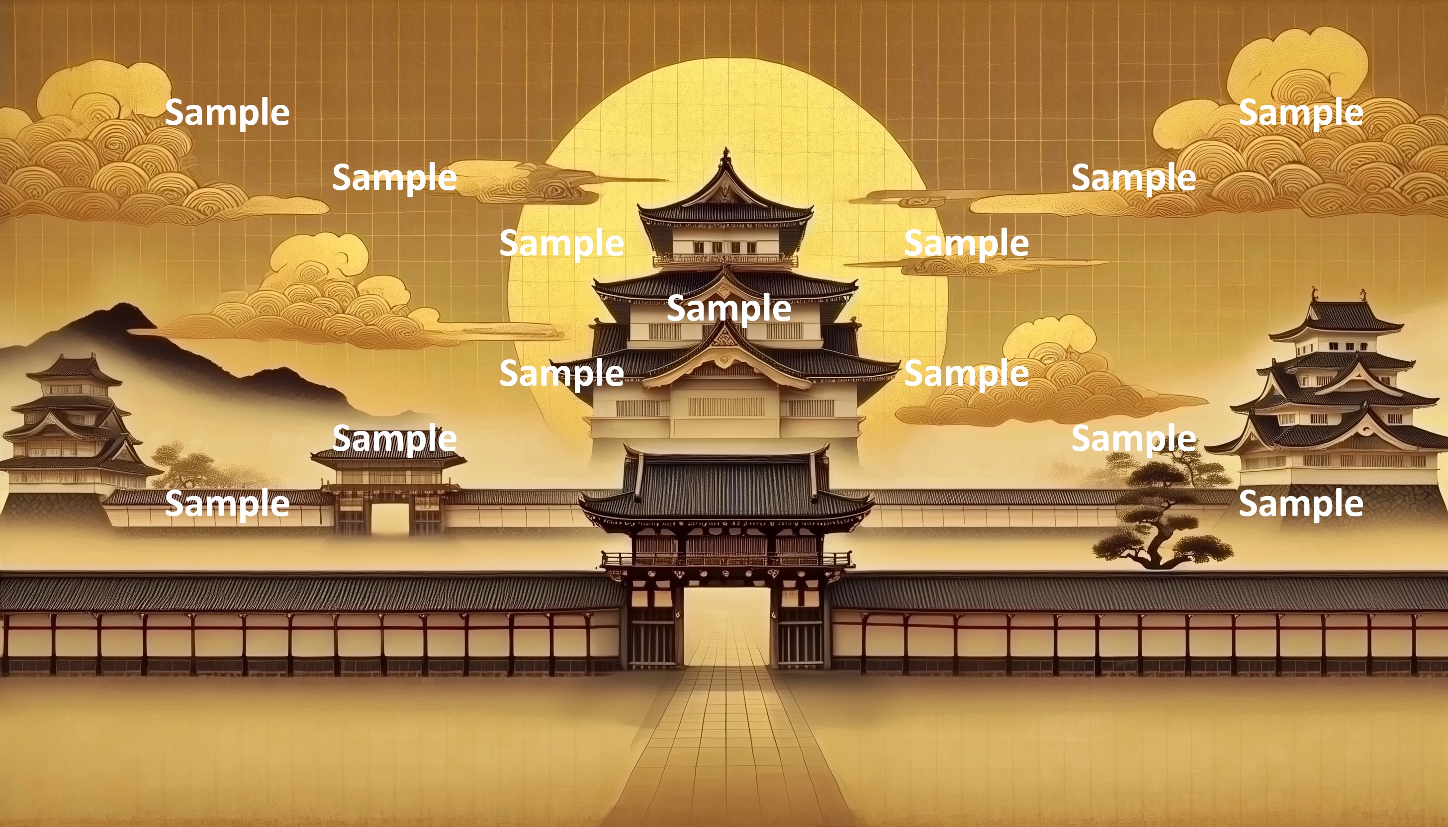 日本画風の日本の城、大門、大門前の広場、対称的な構図、中央に天守閣と金箔の太陽、雲