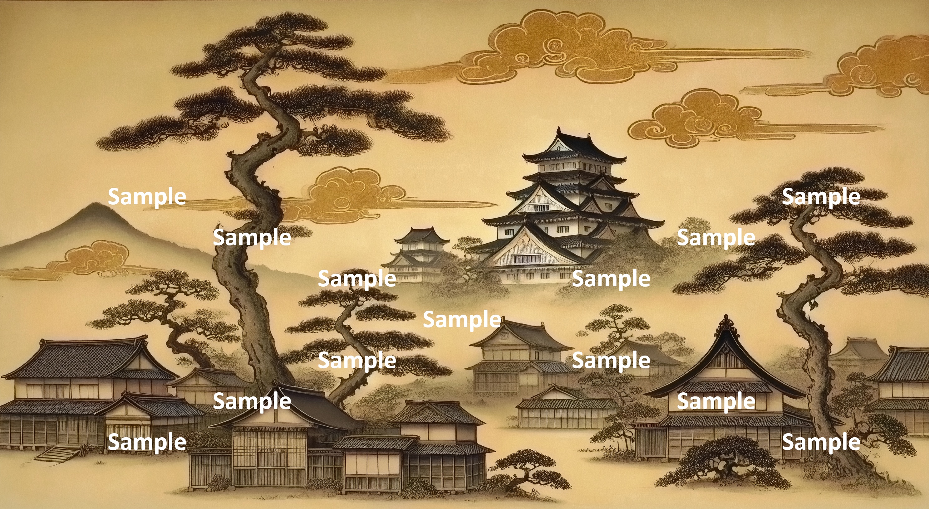 日本画風の日本の城、城下町、町家、大きな松の木、山、雲、