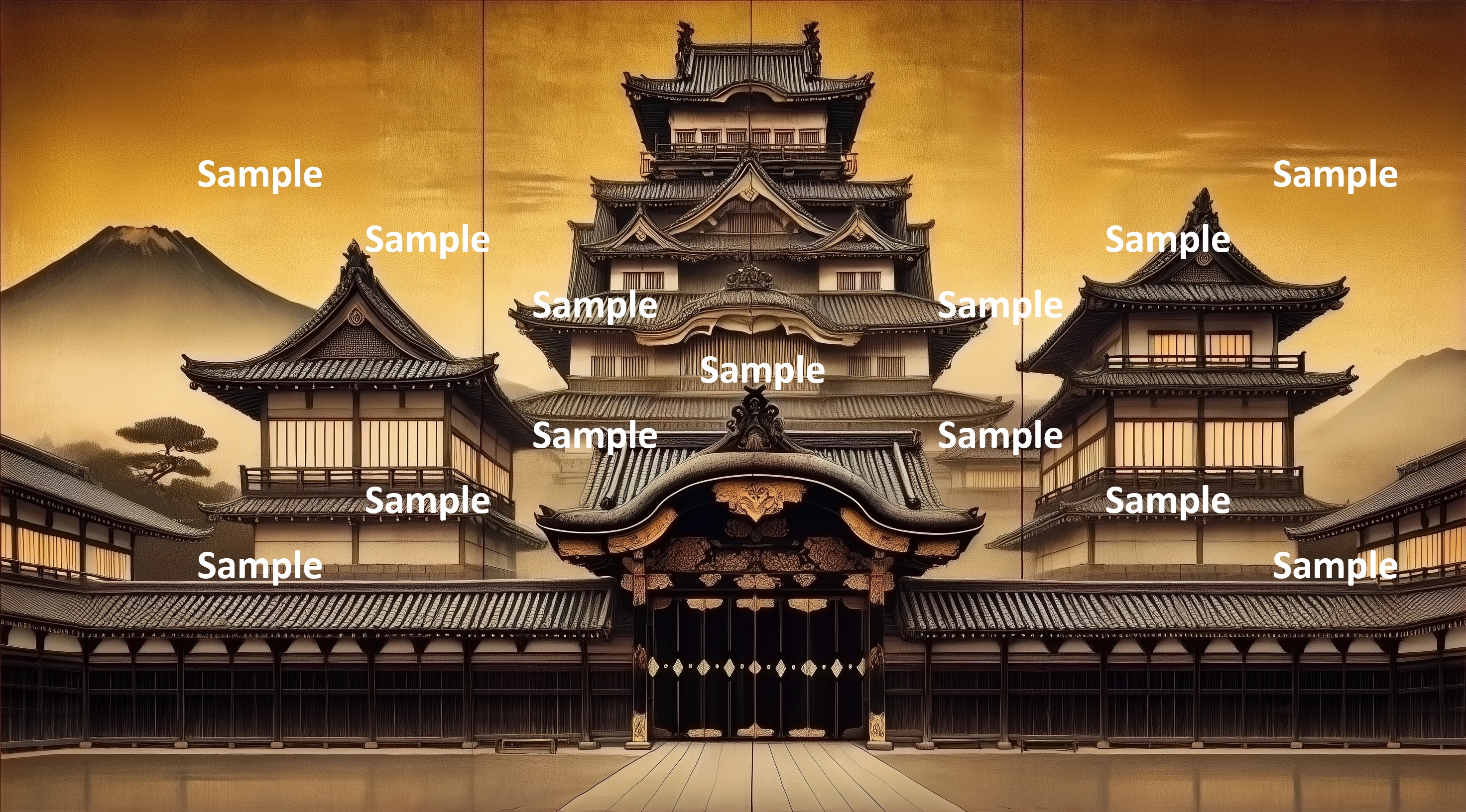 日本画風の日本の城、対称的な構図、立派な大門、威風堂々とした城、背景には山、