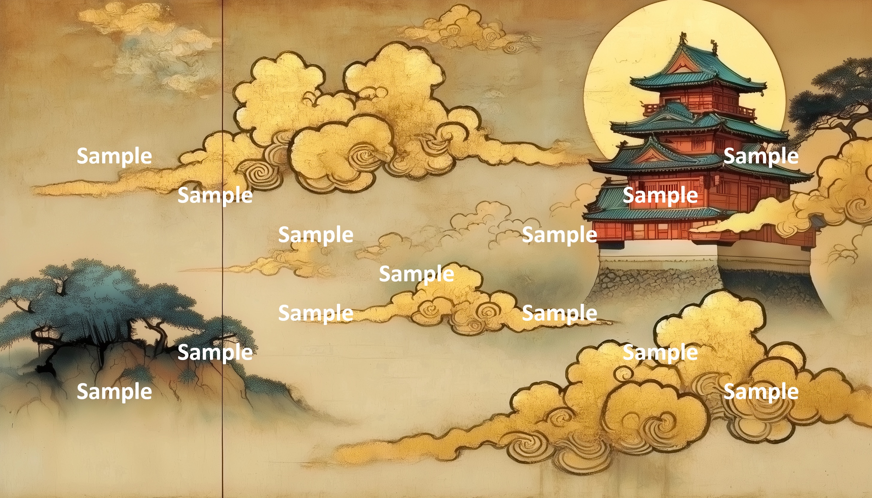 日本画風の日本の城、金箔の雲、天空の日本の城、月夜、山、
