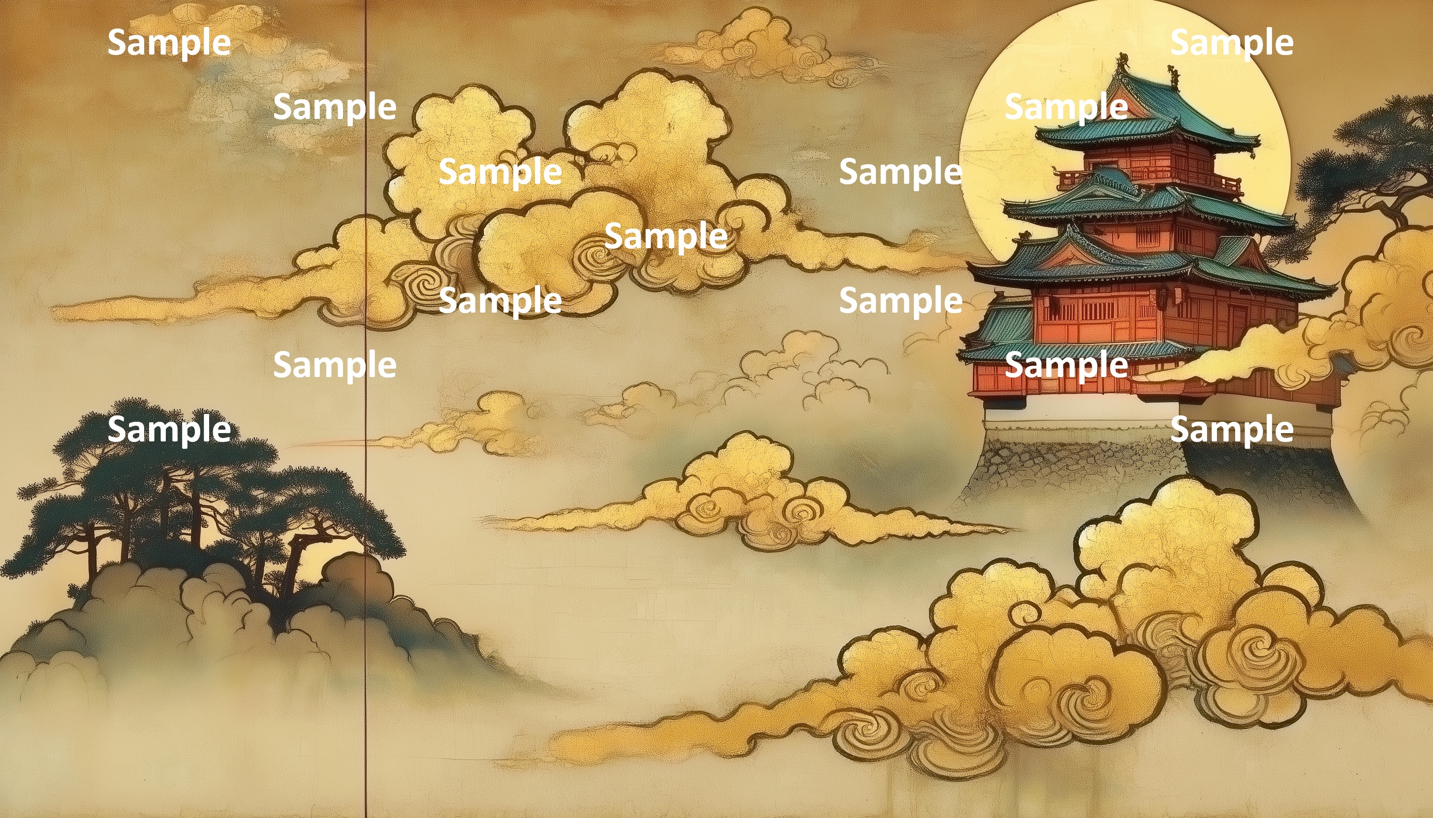 日本画風の日本の城、金箔の雲、天空の日本の城、月夜、山、松、