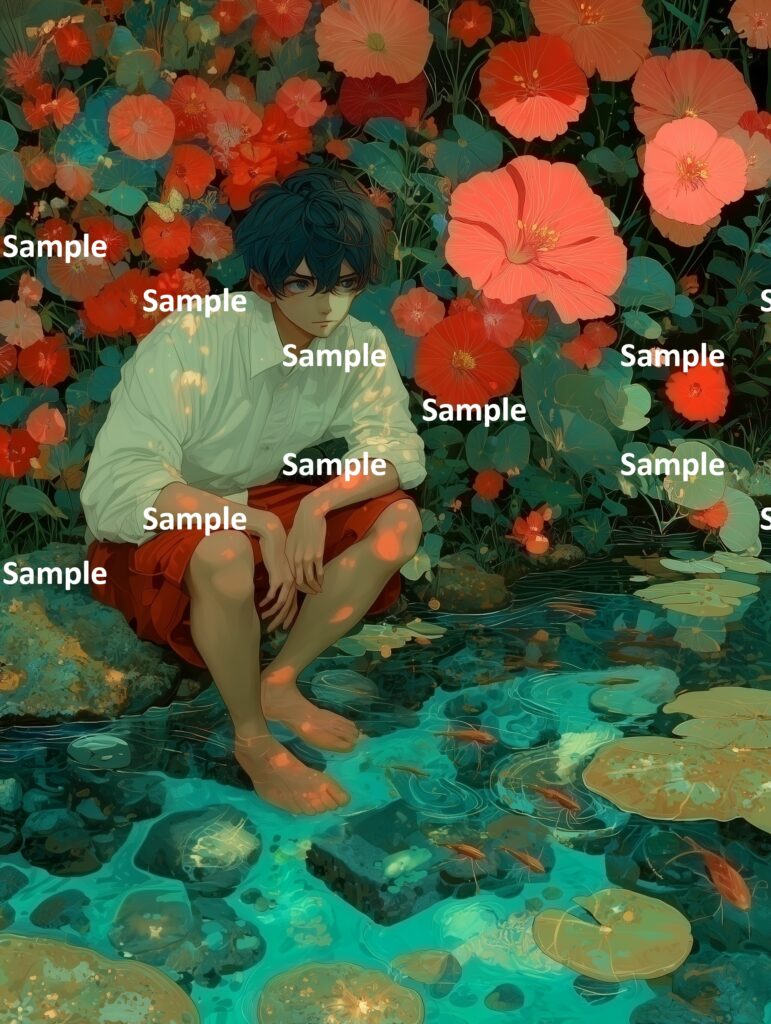 夏休みの冒険、透明度が高い綺麗な泉で哲学する高校生、南国の花が咲き誇る背景、蝶が飛び交う山中の泉、その泉には睡蓮があり金魚が泳ぐ、