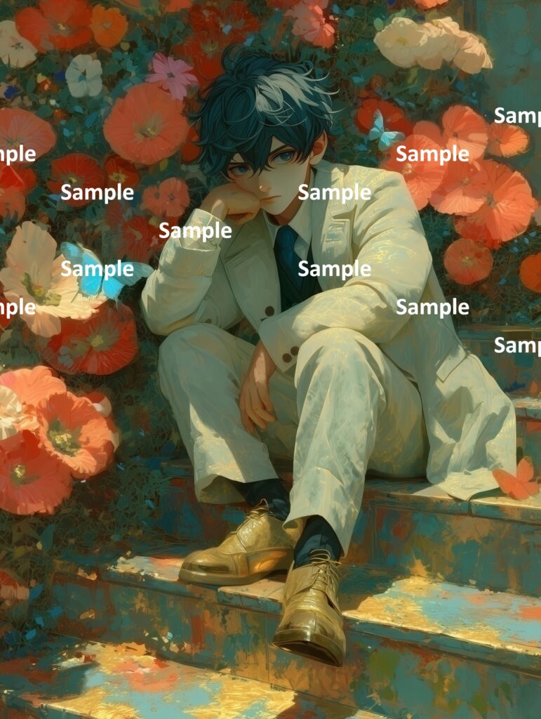 夏休みの冒険、夏の花と伴に静かに考え込む少年、