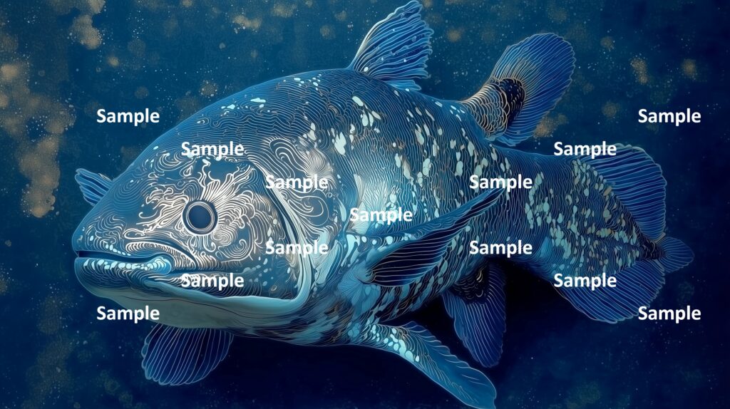 シーラカンスの絵画、深海をゆったり泳ぐシーラカンス、マグロに似ている、和風柄のシーラカンス、とぼけた顔付きのシーラカンス、