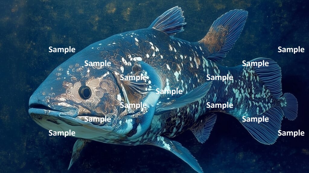 シーラカンスの絵画、深海をゆったり泳ぐシーラカンス、マグロではありません、和風柄のシーラカンス、