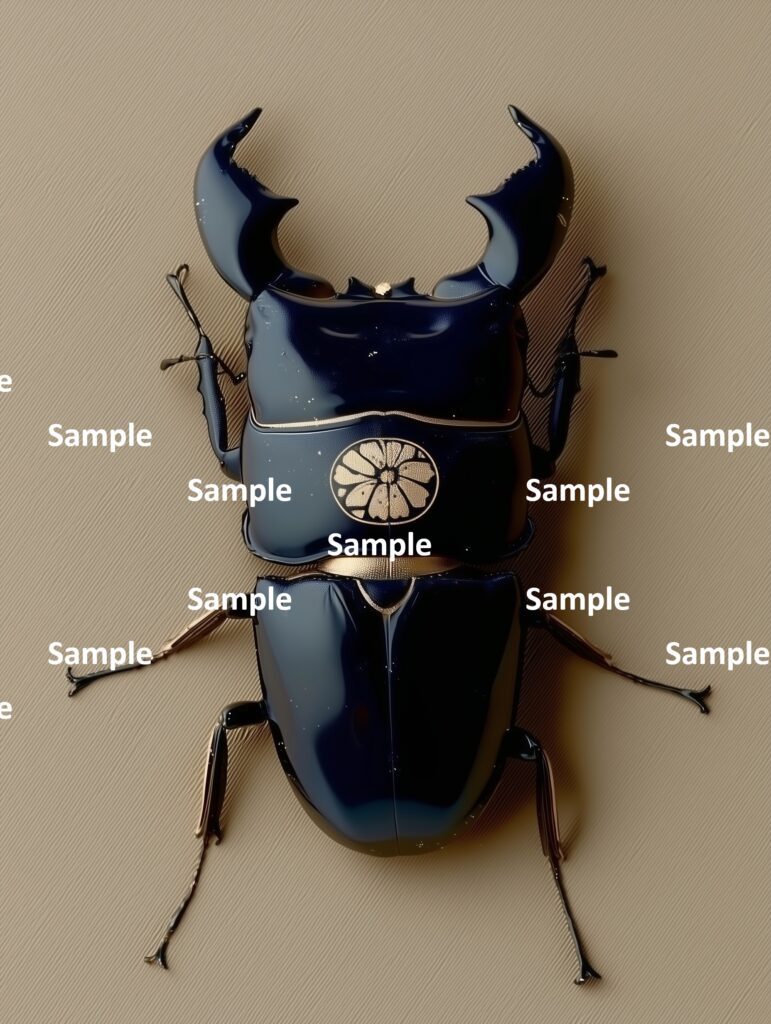 スマトラオオヒラタクワガタ、クワガタ、ヒラタクワガタ、彫刻、装飾品、昆虫、甲虫、光沢ある表面、金箔の家紋、和風、