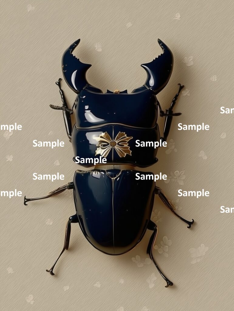 スマトラオオヒラタクワガタ、クワガタ、ヒラタクワガタ、彫刻、装飾品、昆虫、甲虫、光沢ある表面、金箔の紋様、和風の背景、和風、