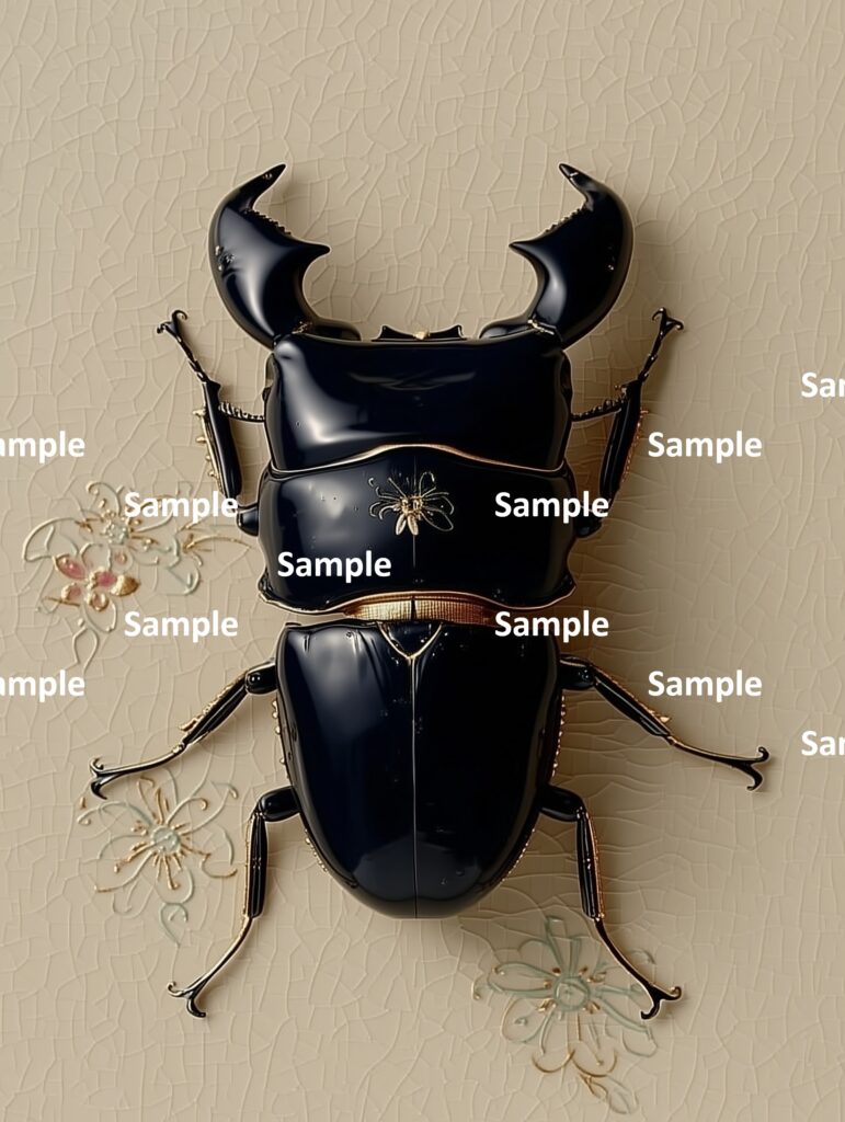 スマトラオオヒラタクワガタ、クワガタ、ヒラタクワガタ、彫刻、装飾品、昆虫、甲虫、光沢ある表面、和風の背景、金箔の紋様、和風、
