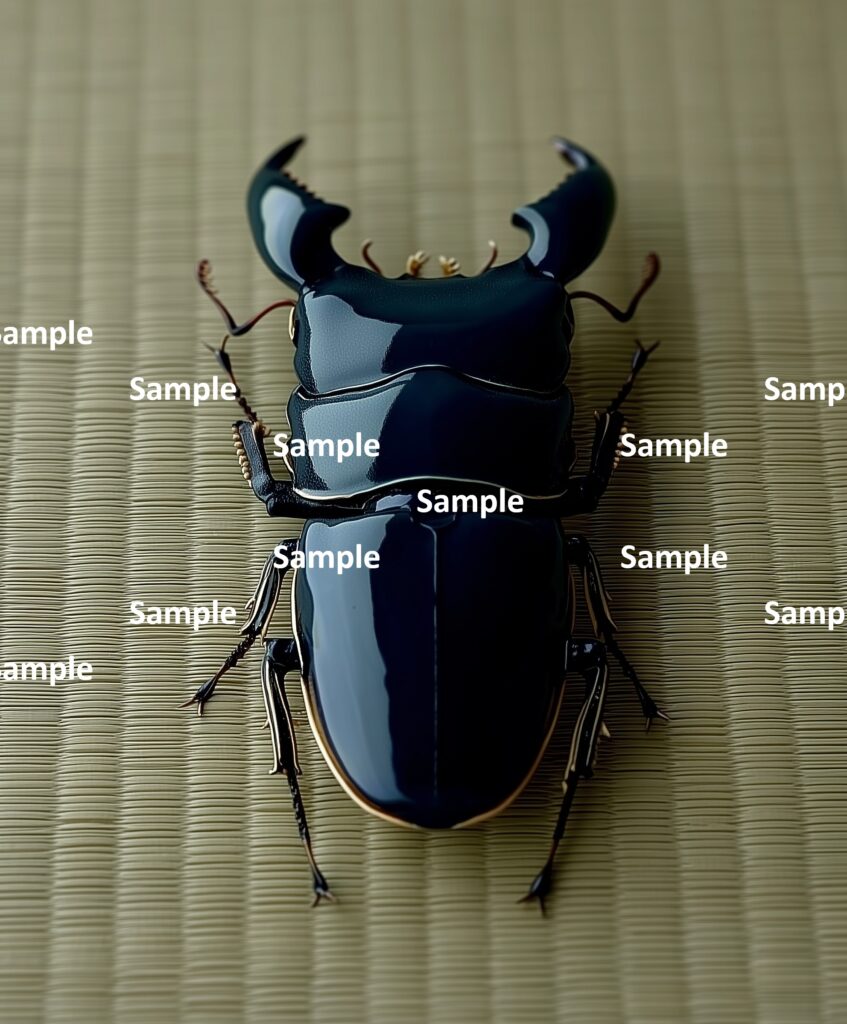 スマトラオオヒラタクワガタ、クワガタ、ヒラタクワガタ、彫刻、装飾品、昆虫、甲虫、光沢ある表面、背景は畳、和風、