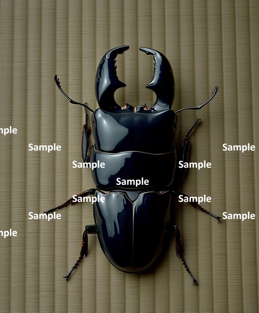 スマトラオオヒラタクワガタ、クワガタ、ヒラタクワガタ、彫刻、装飾品、昆虫、甲虫、光沢ある表面、背景は畳、和風、