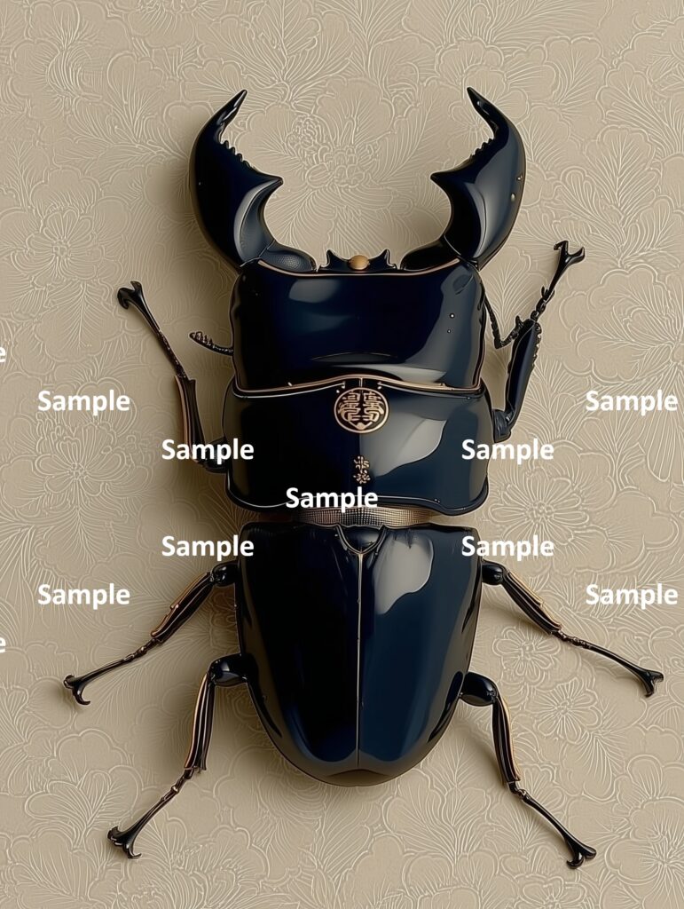 スマトラオオヒラタクワガタ、クワガタ、ヒラタクワガタ、彫刻、装飾品、昆虫、甲虫、光沢ある表面、金箔の家紋、和風、