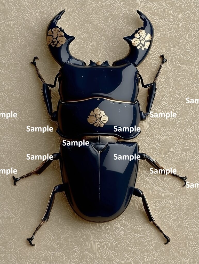 スマトラオオヒラタクワガタ、クワガタ、ヒラタクワガタ、彫刻、装飾品、昆虫、甲虫、光沢ある表面、金箔の紋様、和風、