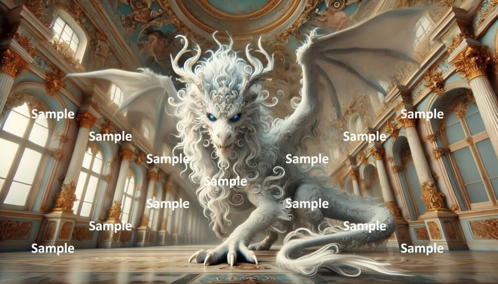 ロココ調のドラゴンのAIアート、西洋のドラゴン、王宮、宮殿、館、豪華絢爛、神話、童話、物語、西洋画、絵画、アニメ、漫画、ファンタジー、ゲーム、伝説、妖怪、爬虫類、恐竜、翼、怪物、翼竜、怪獣、白いドラゴン、王様のようなドラゴン、