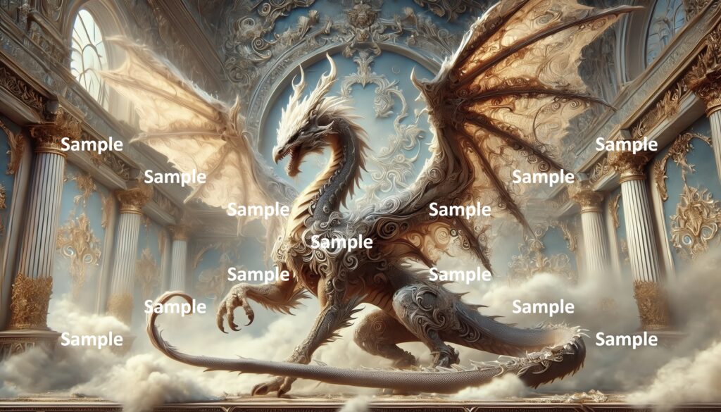 ロココ調のドラゴンのAIアート、西洋のドラゴン、王宮、宮殿、館、豪華絢爛、神話、童話、物語、西洋画、絵画、アニメ、漫画、ファンタジー、ゲーム、伝説、妖怪、爬虫類、恐竜、翼、怪物、翼竜、怪獣、召喚されたカッコイイドラゴン、