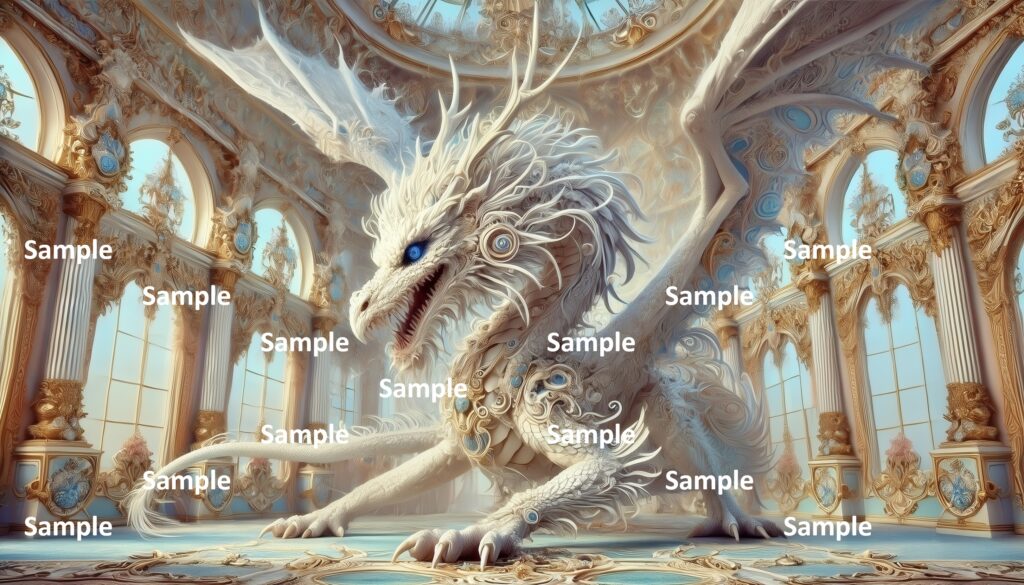 ロココ調のドラゴンのAIアート、西洋のドラゴン、王宮、宮殿、館、豪華絢爛、神話、童話、物語、西洋画、絵画、アニメ、漫画、ファンタジー、ゲーム、伝説、妖怪、爬虫類、恐竜、翼、怪物、翼竜、怪獣、白いドラゴン、這いつくばるドラゴン、