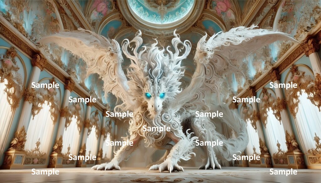 ロココ調のドラゴンのAIアート、西洋のドラゴン、王宮、宮殿、館、豪華絢爛、神話、童話、物語、西洋画、絵画、アニメ、漫画、ファンタジー、ゲーム、伝説、妖怪、爬虫類、恐竜、翼、怪物、翼竜、怪獣、白いドラゴン、沖縄のシーサー風のドラゴン、
