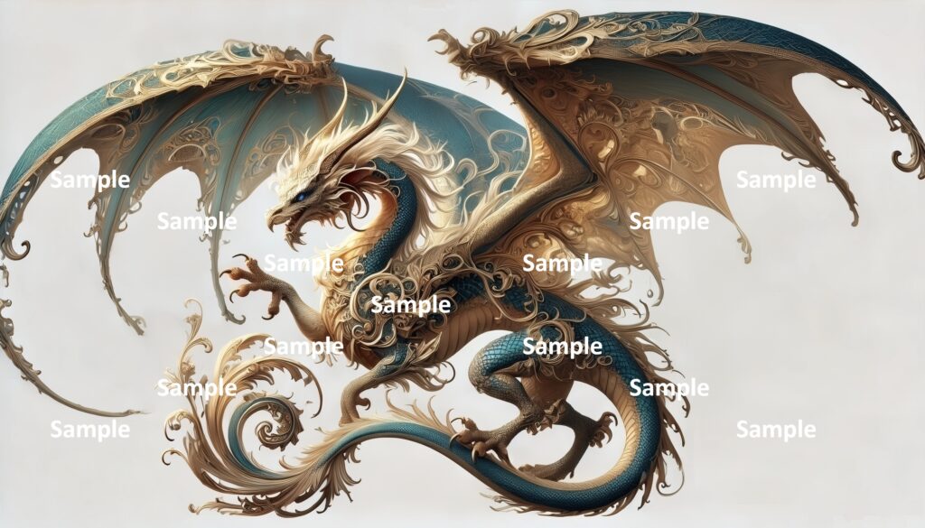 ロココ調のドラゴンのAIアート、西洋のドラゴン、王宮、宮殿、館、豪華絢爛、神話、童話、物語、西洋画、絵画、アニメ、漫画、ファンタジー、ゲーム、伝説、妖怪、爬虫類、恐竜、翼、怪物、翼竜、怪獣、深緑色のドラゴン、