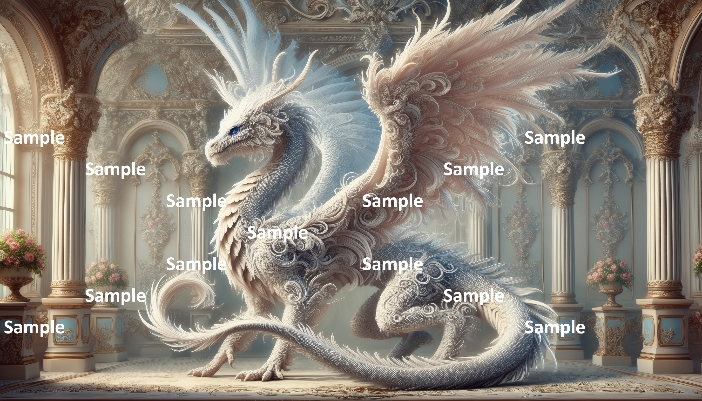 ロココ調のドラゴンのAIアート、西洋のドラゴン、王宮、宮殿、館、豪華絢爛、神話、童話、物語、西洋画、絵画、アニメ、漫画、ファンタジー、ゲーム、伝説、妖怪、爬虫類、恐竜、翼、怪物、翼竜、怪獣、白いドラゴン、思索する美しいドラゴン、