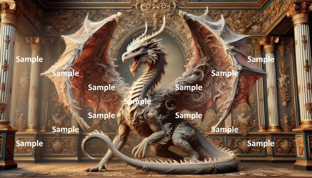 ロココ調のドラゴンのAIアート、西洋のドラゴン、王宮、宮殿、館、豪華絢爛、神話、童話、物語、西洋画、絵画、アニメ、漫画、ファンタジー、ゲーム、伝説、妖怪、爬虫類、恐竜、翼、怪物、翼竜、怪獣、赤い翼の叫ぶドラゴン、