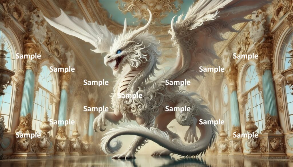 ロココ調のドラゴンのAIアート、西洋のドラゴン、王宮、宮殿、館、豪華絢爛、神話、童話、物語、西洋画、絵画、アニメ、漫画、ファンタジー、ゲーム、伝説、妖怪、爬虫類、恐竜、翼、怪物、翼竜、怪獣、白いドラゴン、子供のように宮殿を探索するドラゴン、