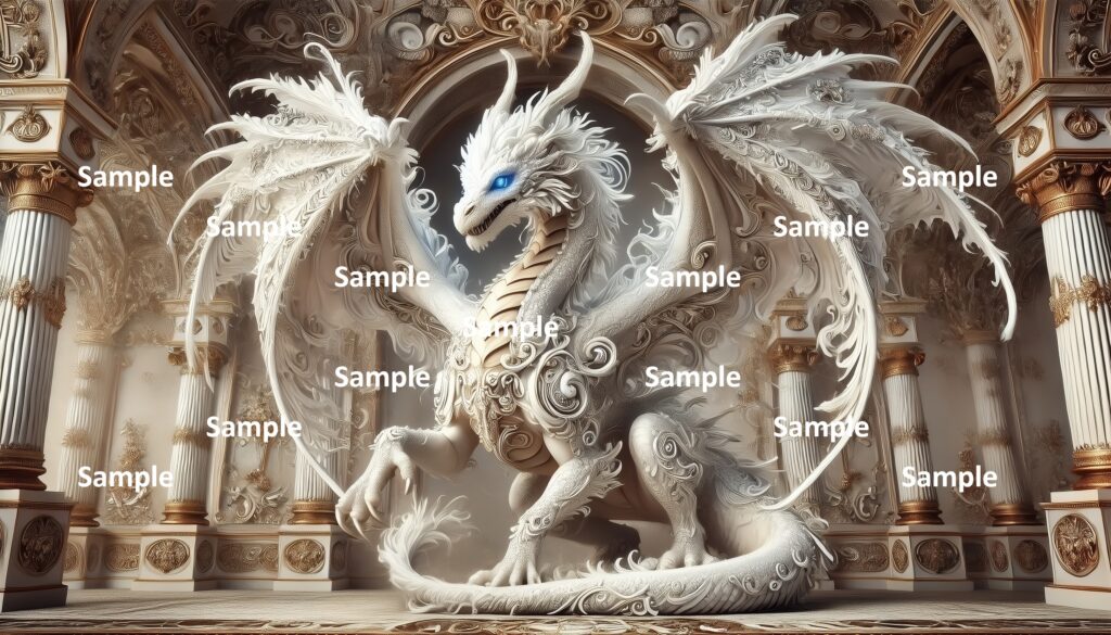 ロココ調のドラゴンのAIアート、西洋のドラゴン、王宮、宮殿、館、貴族、豪華絢爛、神話、童話、物語、西洋画、絵画、アニメ、漫画、ファンタジー、ゲーム、伝説、妖怪、爬虫類、恐竜、翼、怪物、翼竜、怪獣、白いドラゴン、動き出そうとするドラゴン、
