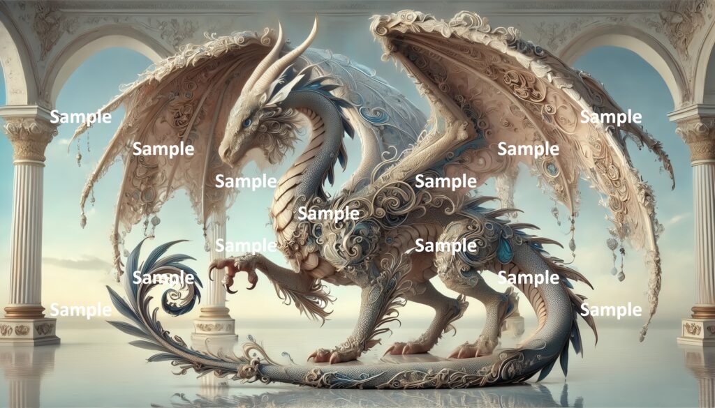 ロココ調のドラゴンのAIアート、西洋のドラゴン、王宮、宮殿、館、貴族、豪華絢爛、神話、童話、物語、西洋画、絵画、アニメ、漫画、ファンタジー、ゲーム、伝説、妖怪、爬虫類、恐竜、翼、怪物、翼竜、怪獣、天空城のドラゴン、
