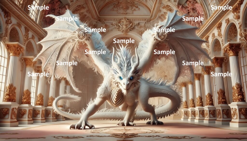 ロココ調のドラゴンのAIアート、西洋のドラゴン、王宮、宮殿、館、豪華絢爛、神話、童話、物語、西洋画、絵画、アニメ、漫画、ファンタジー、ゲーム、伝説、妖怪、爬虫類、恐竜、翼、怪物、翼竜、怪獣、白いドラゴン、戦闘モードのドラゴン、