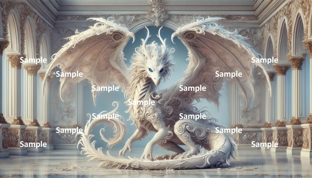 ロココ調のドラゴンのAIアート、西洋のドラゴン、王宮、宮殿、館、豪華絢爛、神話、童話、物語、西洋画、絵画、アニメ、漫画、ファンタジー、ゲーム、伝説、妖怪、爬虫類、恐竜、翼、怪物、翼竜、怪獣、白いドラゴン、威嚇するドラゴン、