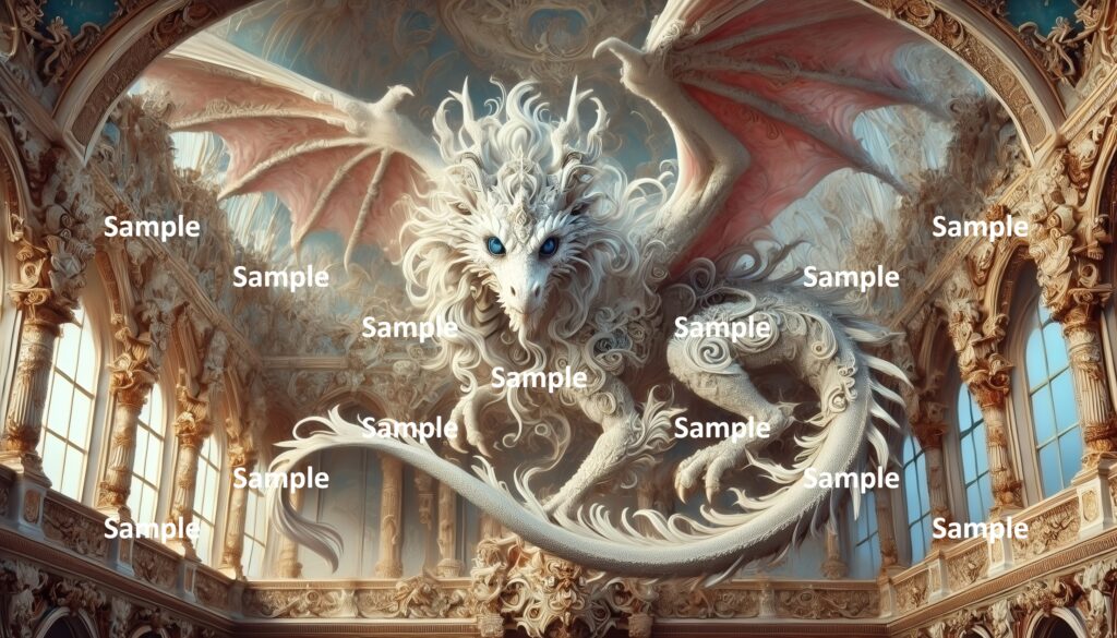 ロココ調のドラゴンのAIアート、西洋のドラゴン、王宮、宮殿、館、豪華絢爛、神話、童話、物語、西洋画、絵画、アニメ、漫画、ファンタジー、ゲーム、伝説、妖怪、爬虫類、恐竜、翼、怪物、翼竜、怪獣、白いドラゴン、貴族のようなドラゴン、